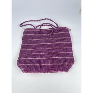 Vintage Woven Raffia Tote Bag Purple Pink Stripe Shoulder Purse Boho Beach